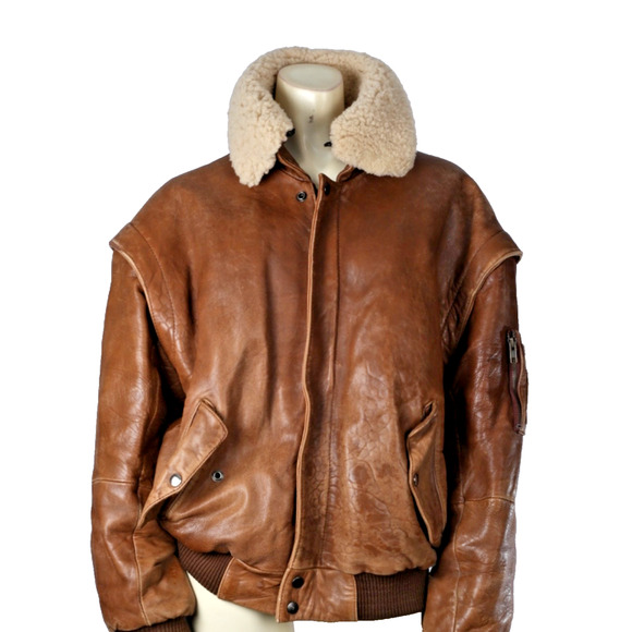 Vintage Midway Brown Leather Zipper Bomber Jacket Size 40 Sheep Shearling Collar - Picture 4 of 16
